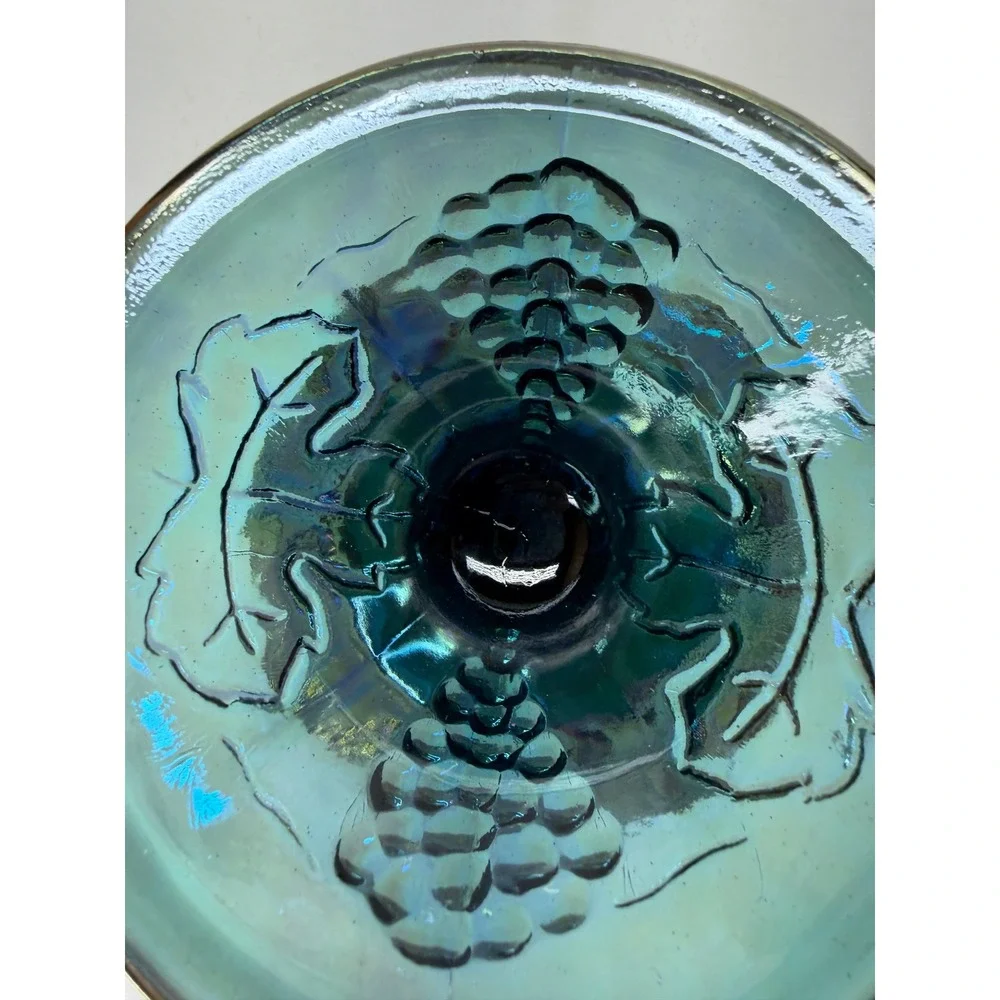 Vtg Carnival Glass HarvestGrape Compote Iridescent TealBlue Candy Dish Lid 9.75